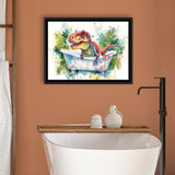 T-Rex In Bathtub Bathroom Print Tropical Leave, Bathroom Art Decor Framed Canvas Prints Wall Art,Floating Frame