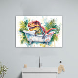 T-Rex In Bathtub Bathroom Print Tropical Leave, Bathroom Art Decor Canvas Prints Wall Art, Animal Bathroom Art