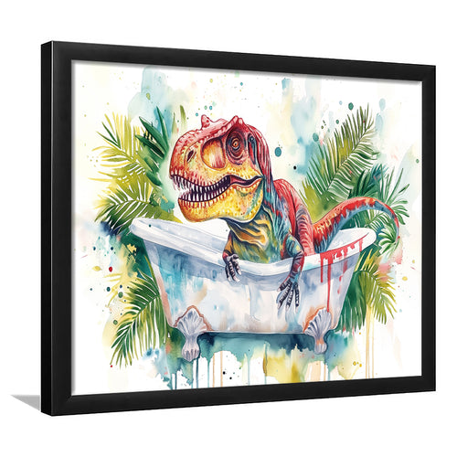 T-Rex In Bathtub Bathroom Print Tropical Leave, Bathroom Art Decor Framed Art PrintsWall Art, Animal Bathroom Art