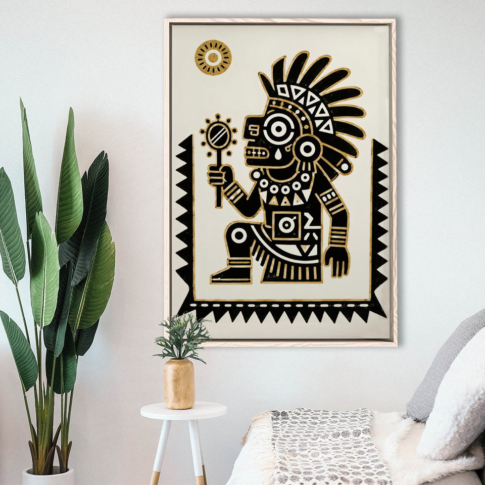 Tezcatlipoca Wall Art, Aztec Mexico Folk Art Print, Indigenous Culture Decor, Framed Canvas Print, Floating Frame