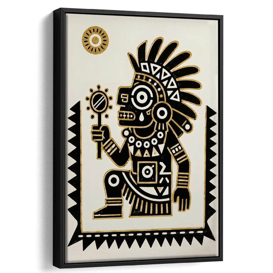 Tezcatlipoca Wall Art, Aztec Mexico Folk Art Print, Indigenous Culture Decor, Framed Canvas Print, Floating Frame