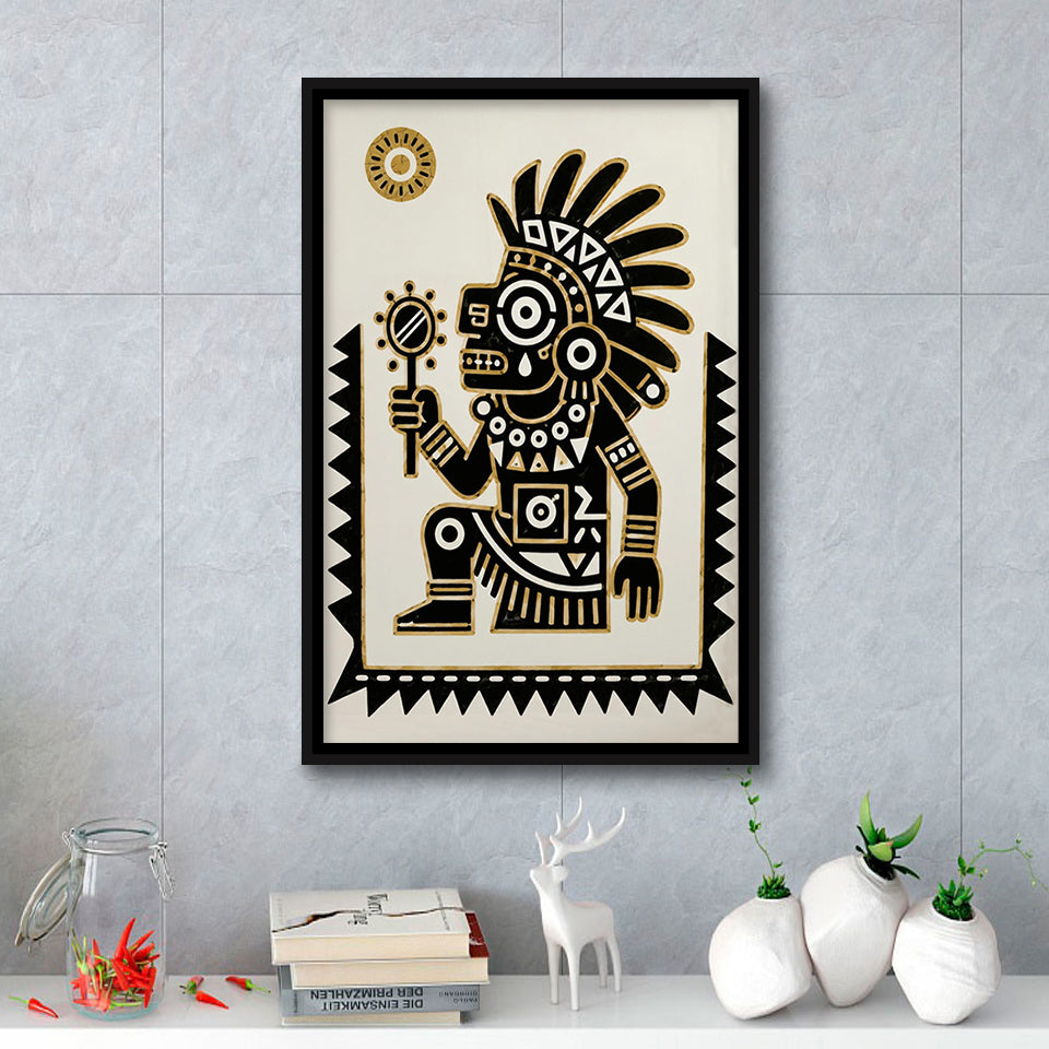 Tezcatlipoca Wall Art, Aztec Mexico Folk Art Print, Indigenous Culture Decor, Framed Canvas Print, Floating Frame