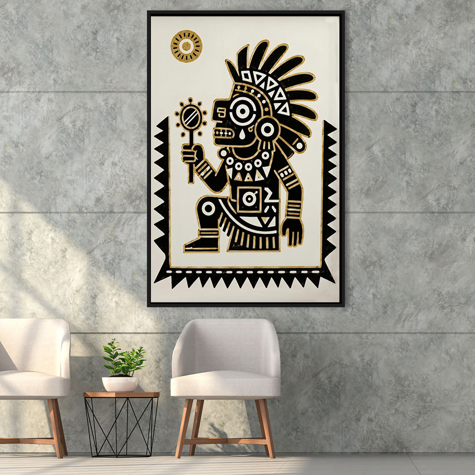 Tezcatlipoca Wall Art, Aztec Mexico Folk Art Print, Indigenous Culture Decor, Framed Canvas Print, Floating Frame