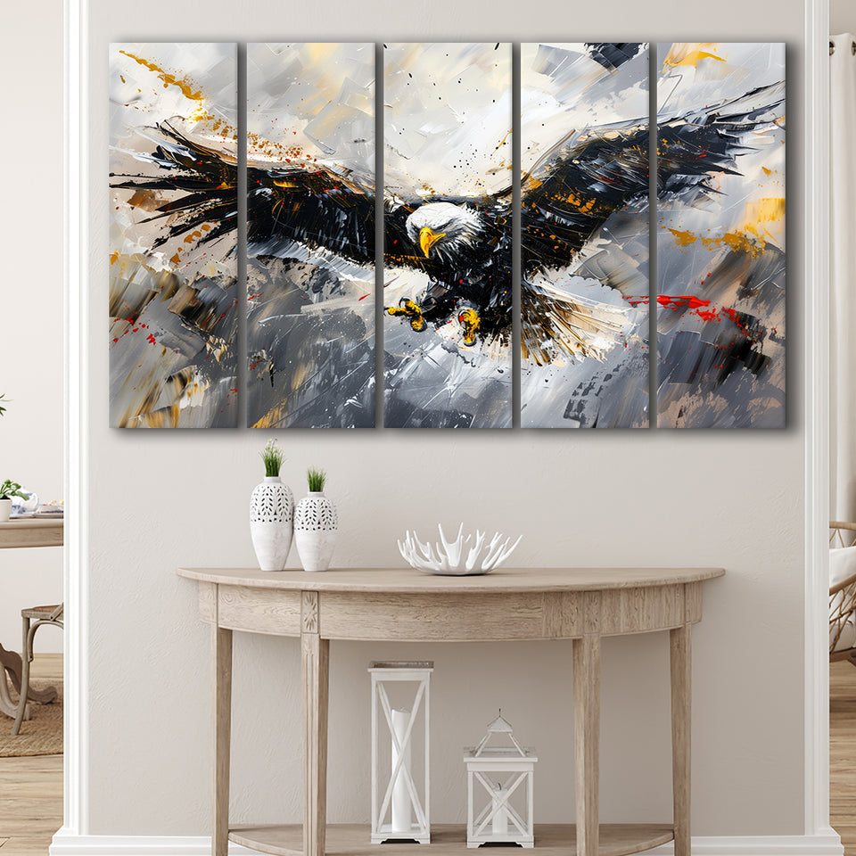 The Eagle Is Spreading Its Wings And Flying Painting, Mixed 5 Panel B Canvas Print Wall Art Decor, Extra Large Canvas