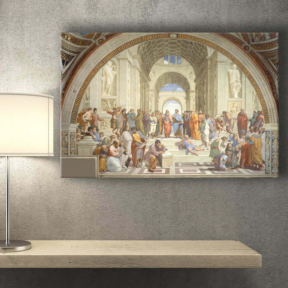 The School of Athens, Raffaello Sanzio da Urbino, Aristotle Painting, Canvas Print Wall Art Decor, Landscape Art Print