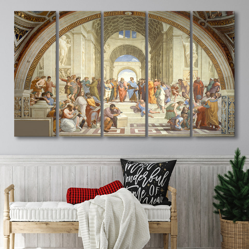 The School Of Athens, Raffaello Sanzio Da Urbino, Aristotle Painting, Extra Large Multi 5 Panel Canvas Print Wall Art Decor