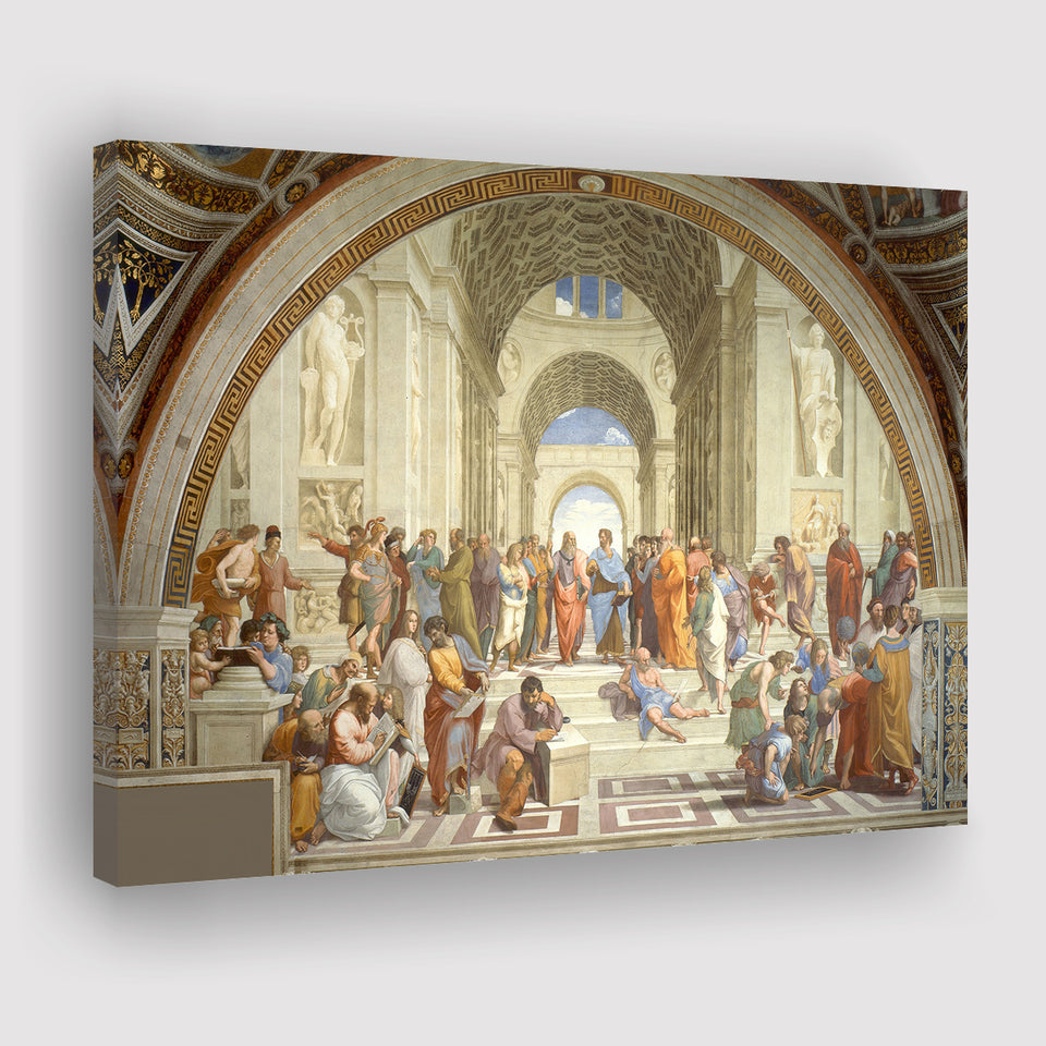 The School of Athens, Raffaello Sanzio da Urbino, Aristotle Painting, Canvas Print Wall Art Decor, Landscape Art Print