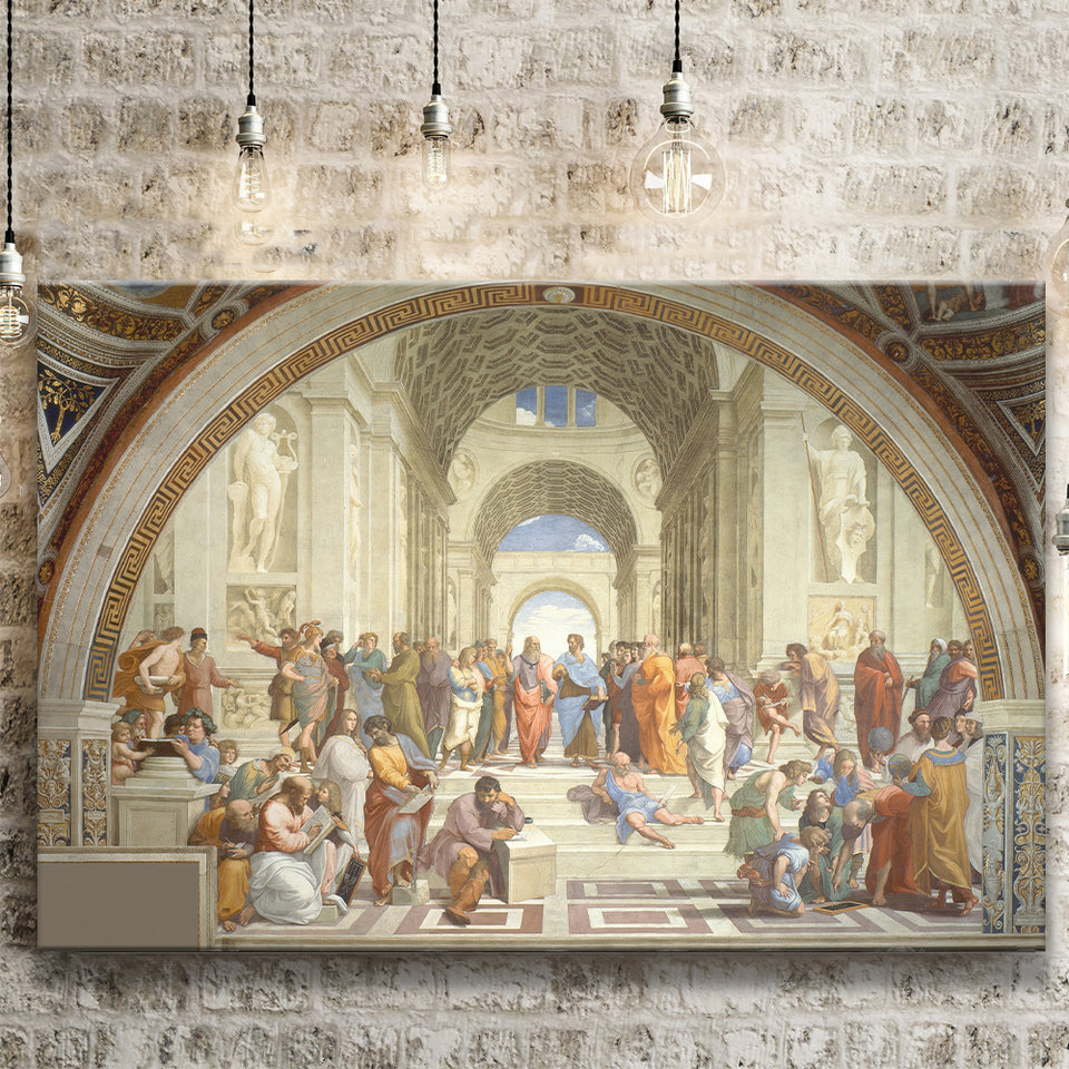 The School of Athens, Raffaello Sanzio da Urbino, Aristotle Painting, Canvas Print Wall Art Decor, Landscape Art Print