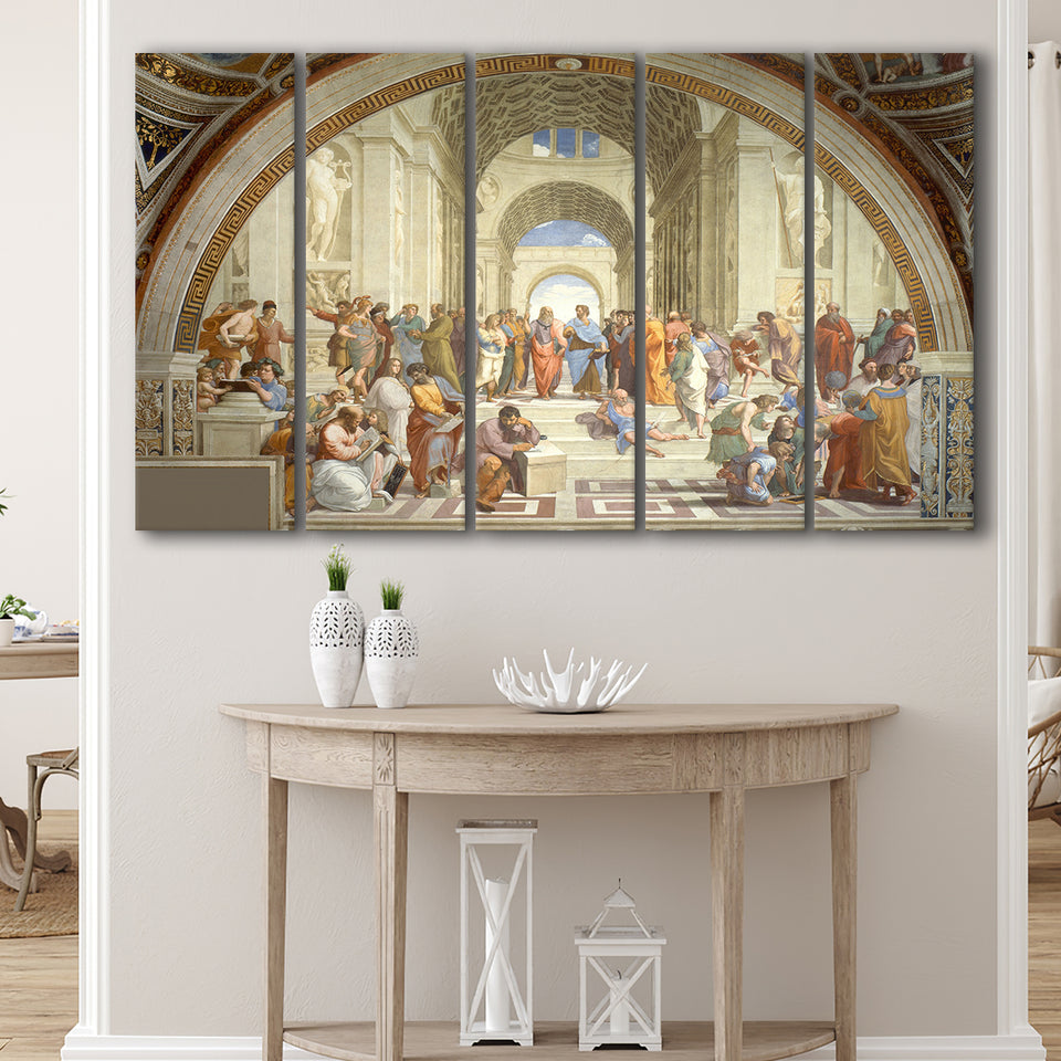 The School Of Athens, Raffaello Sanzio Da Urbino, Aristotle Painting, Extra Large Multi 5 Panel Canvas Print Wall Art Decor