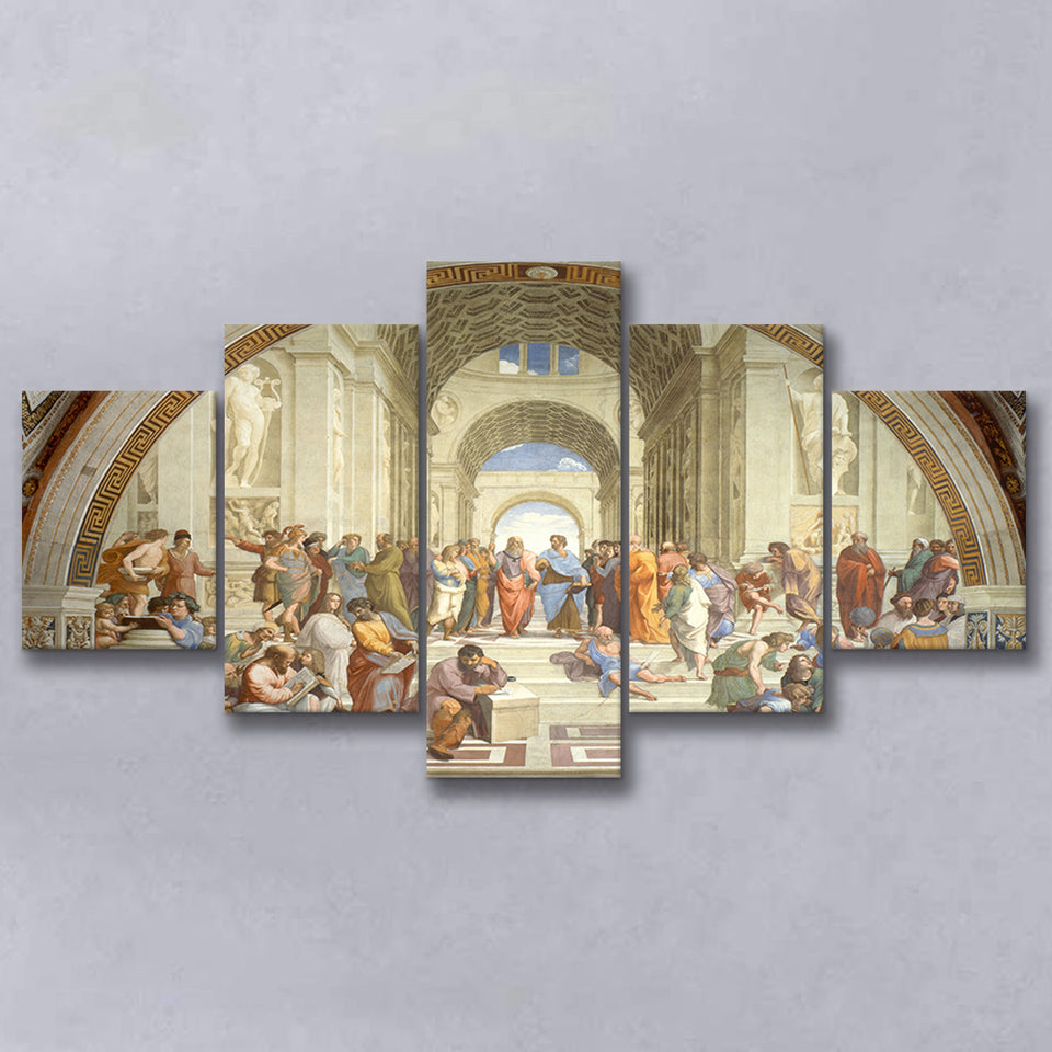 The School Of Athens, Raffaello Sanzio Da Urbino, Aristotle Painting, Multi Panel Canvas Print Wall Art Decor, 5 Mixed Panel