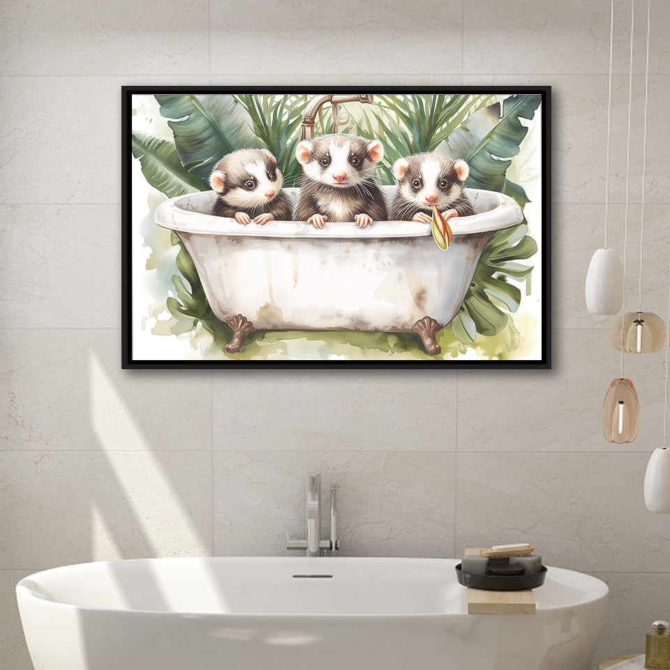 Three Ferrets In Bathtub Bathroom Print Tropical Leave, Bathroom Art Decor Framed Canvas Prints Wall Art,Floating Frame