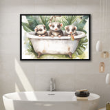 Three Ferrets In Bathtub Bathroom Print Tropical Leave, Bathroom Art Decor Framed Canvas Prints Wall Art,Floating Frame