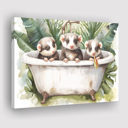 Three Ferrets In Bathtub Bathroom Print Tropical Leave, Bathroom Art Decor Canvas Prints Wall Art, Animal Bathroom Art