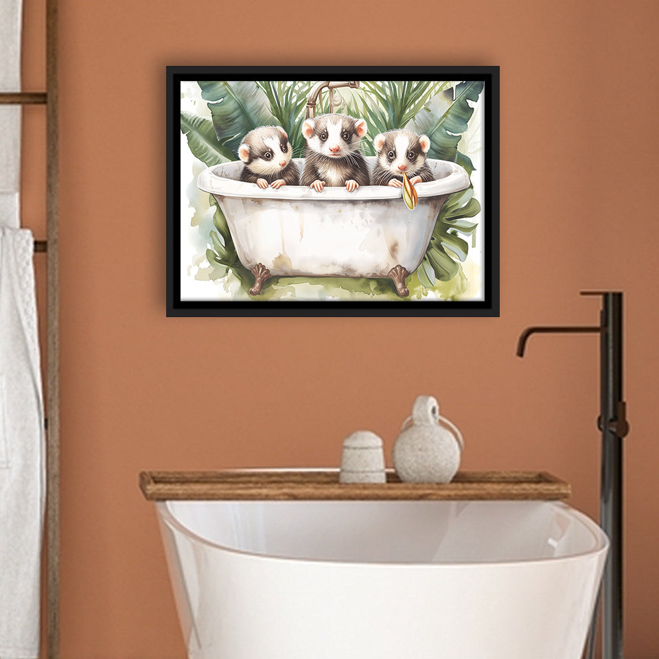 Three Ferrets In Bathtub Bathroom Print Tropical Leave, Bathroom Art Decor Framed Canvas Prints Wall Art,Floating Frame