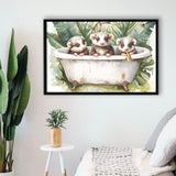 Three Ferrets In Bathtub Bathroom Print Tropical Leave, Bathroom Art Decor Framed Canvas Prints Wall Art,Floating Frame