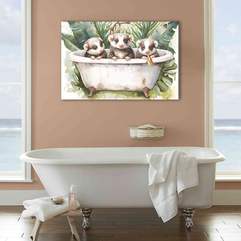 Three Ferrets In Bathtub Bathroom Print Tropical Leave, Bathroom Art Decor Canvas Prints Wall Art, Animal Bathroom Art