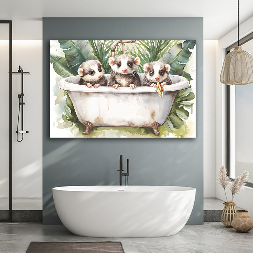 Three Ferrets In Bathtub Bathroom Print Tropical Leave, Bathroom Art Decor Canvas Prints Wall Art, Animal Bathroom Art