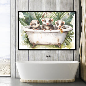 Three Ferrets In Bathtub Bathroom Print Tropical Leave, Bathroom Art Decor Framed Art PrintsWall Art, Animal Bathroom Art