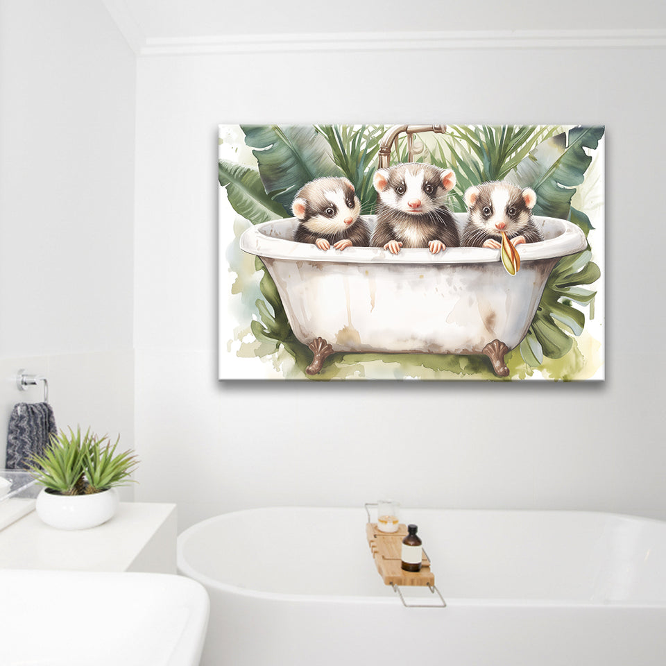 Three Ferrets In Bathtub Bathroom Print Tropical Leave, Bathroom Art Decor Canvas Prints Wall Art, Animal Bathroom Art