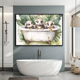 Three Ferrets In Bathtub Bathroom Print Tropical Leave, Bathroom Art Decor Framed Canvas Prints Wall Art,Floating Frame