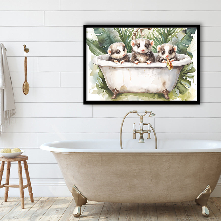 Three Ferrets In Bathtub Bathroom Print Tropical Leave, Bathroom Art Decor Framed Art PrintsWall Art, Animal Bathroom Art