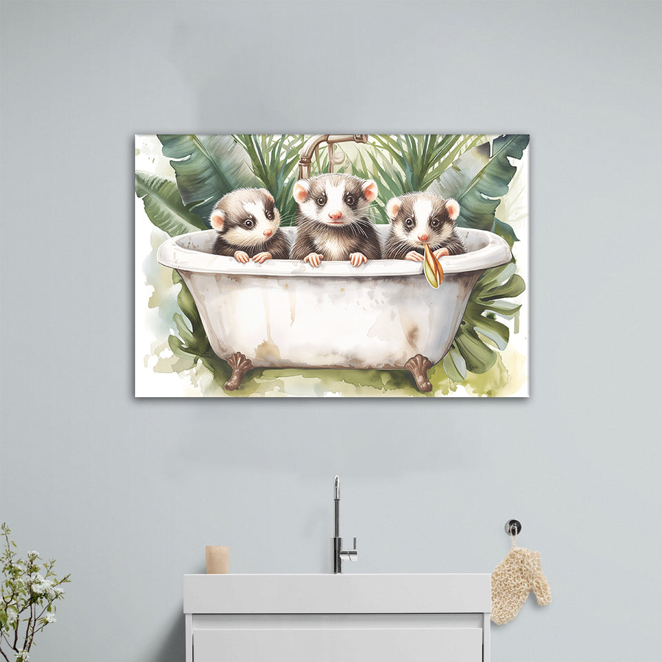 Three Ferrets In Bathtub Bathroom Print Tropical Leave, Bathroom Art Decor Canvas Prints Wall Art, Animal Bathroom Art