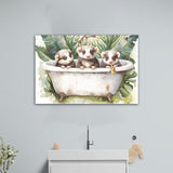 Three Ferrets In Bathtub Bathroom Print Tropical Leave, Bathroom Art Decor Canvas Prints Wall Art, Animal Bathroom Art