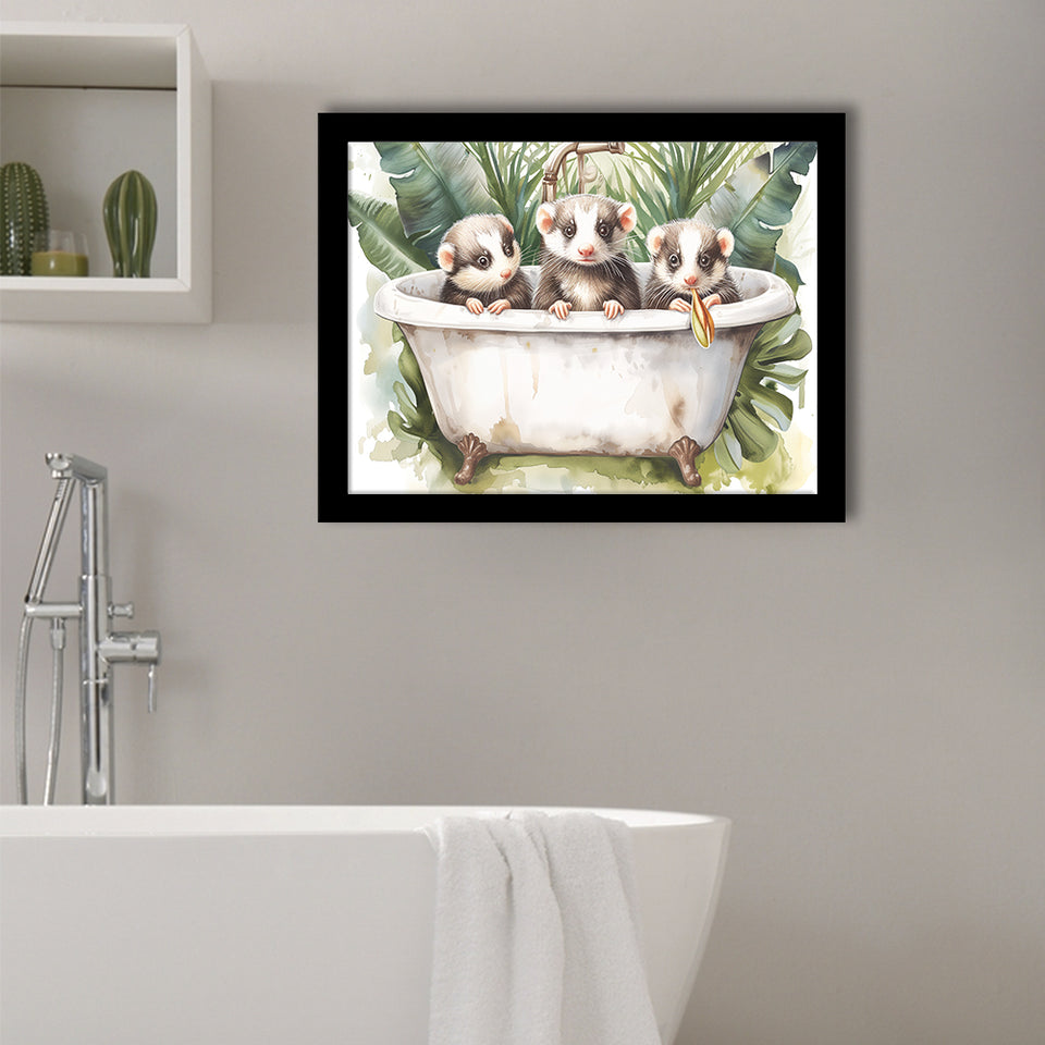 Three Ferrets In Bathtub Bathroom Print Tropical Leave, Bathroom Art Decor Framed Art PrintsWall Art, Animal Bathroom Art