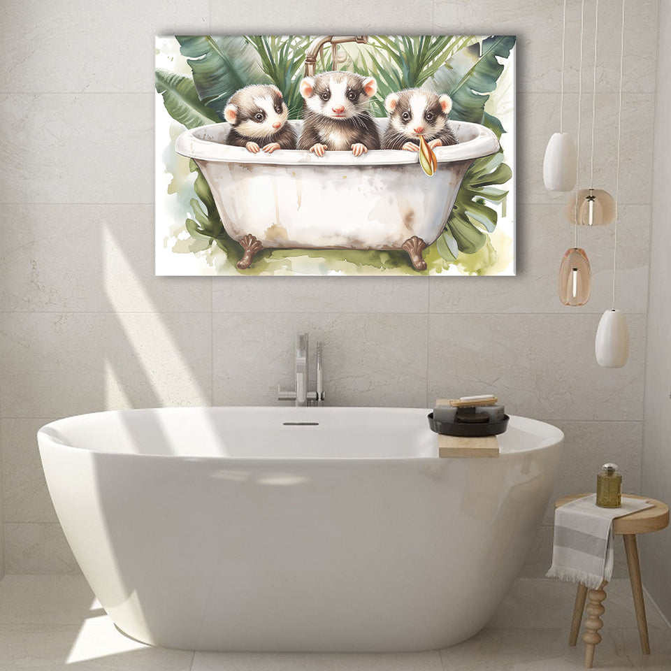 Three Ferrets In Bathtub Bathroom Print Tropical Leave, Bathroom Art Decor Canvas Prints Wall Art, Animal Bathroom Art