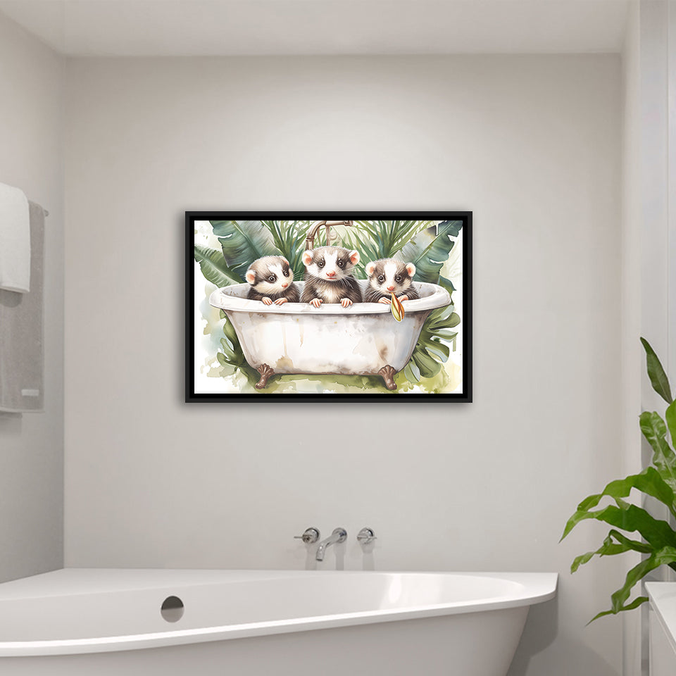 Three Ferrets In Bathtub Bathroom Print Tropical Leave, Bathroom Art Decor Framed Canvas Prints Wall Art,Floating Frame