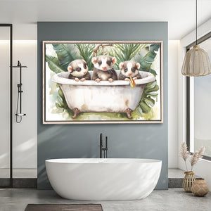 Three Ferrets In Bathtub Bathroom Print Tropical Leave, Bathroom Art Decor Framed Canvas Prints Wall Art,Floating Frame