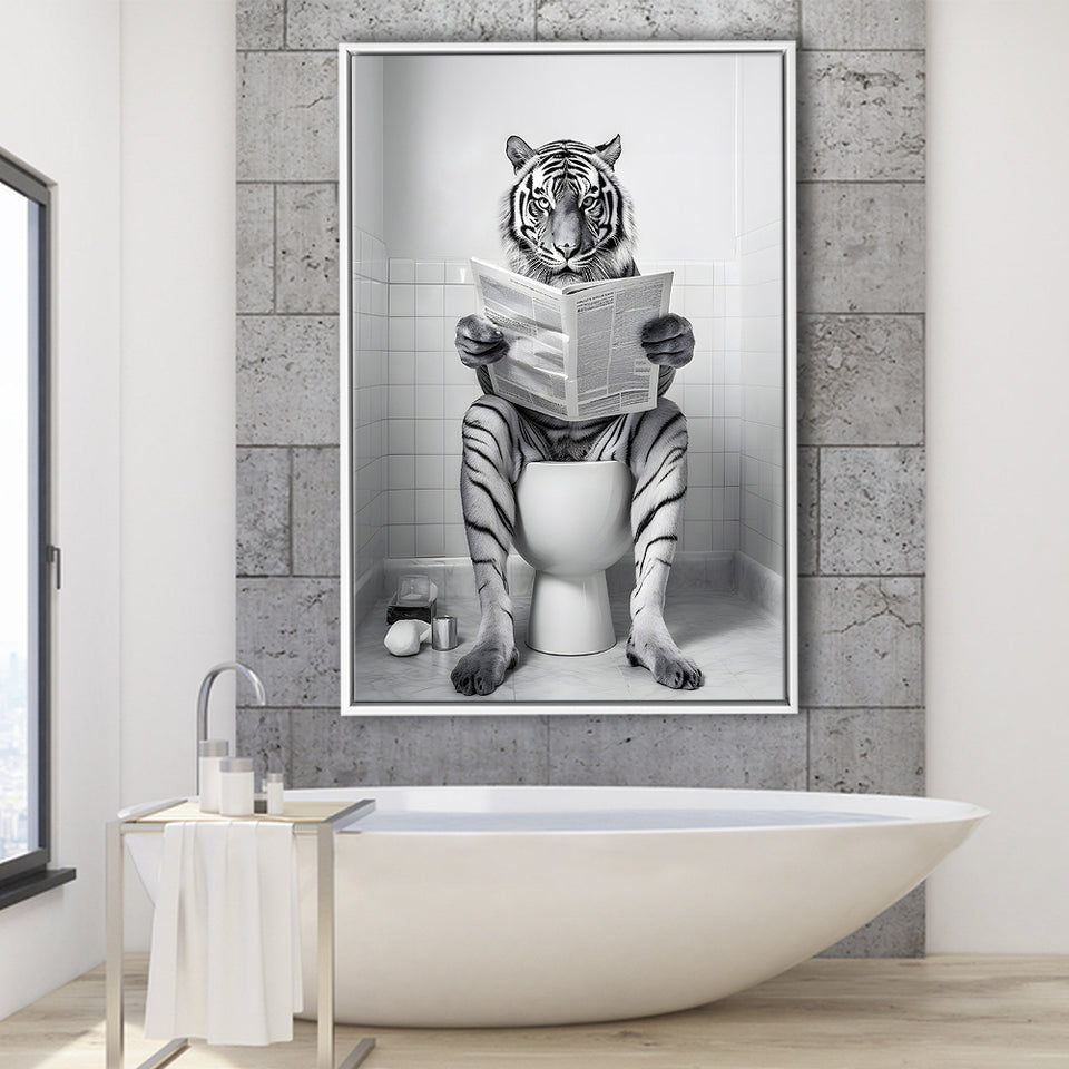 Tiger Framed Canvas Prints Wall Art, Funny Bathroom Decor, Tiger In Toilet