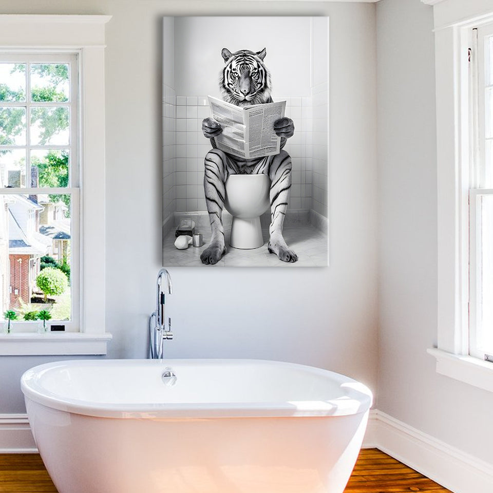 Tiger Canvas Prints Wall Art, Funny Bathroom Decor, Tiger in Toilet