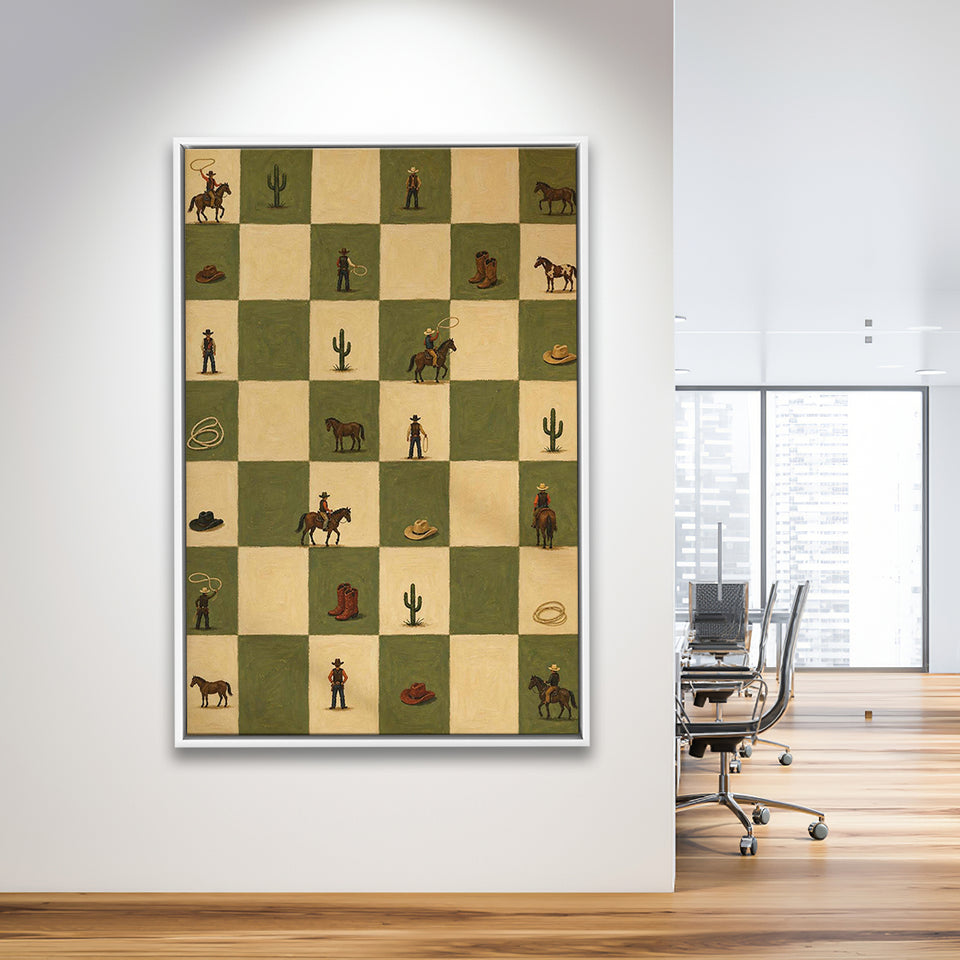 Tiny Cowboys Checkerboard Icon, Green Western Wall Art, Ranch Nursery Print, Framed Canvas Print, Floating Frame