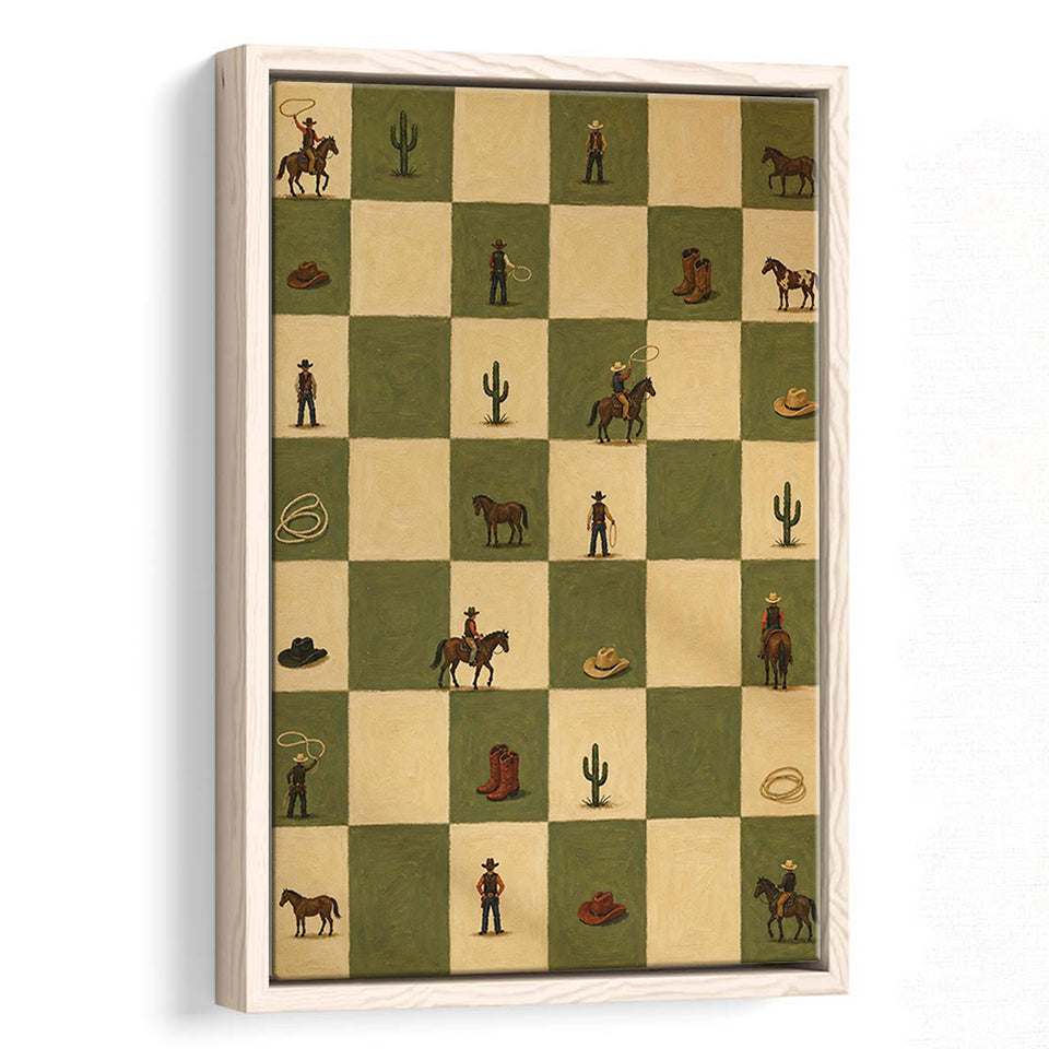 Tiny Cowboys Checkerboard Icon, Green Western Wall Art, Ranch Nursery Print, Framed Canvas Print, Floating Frame