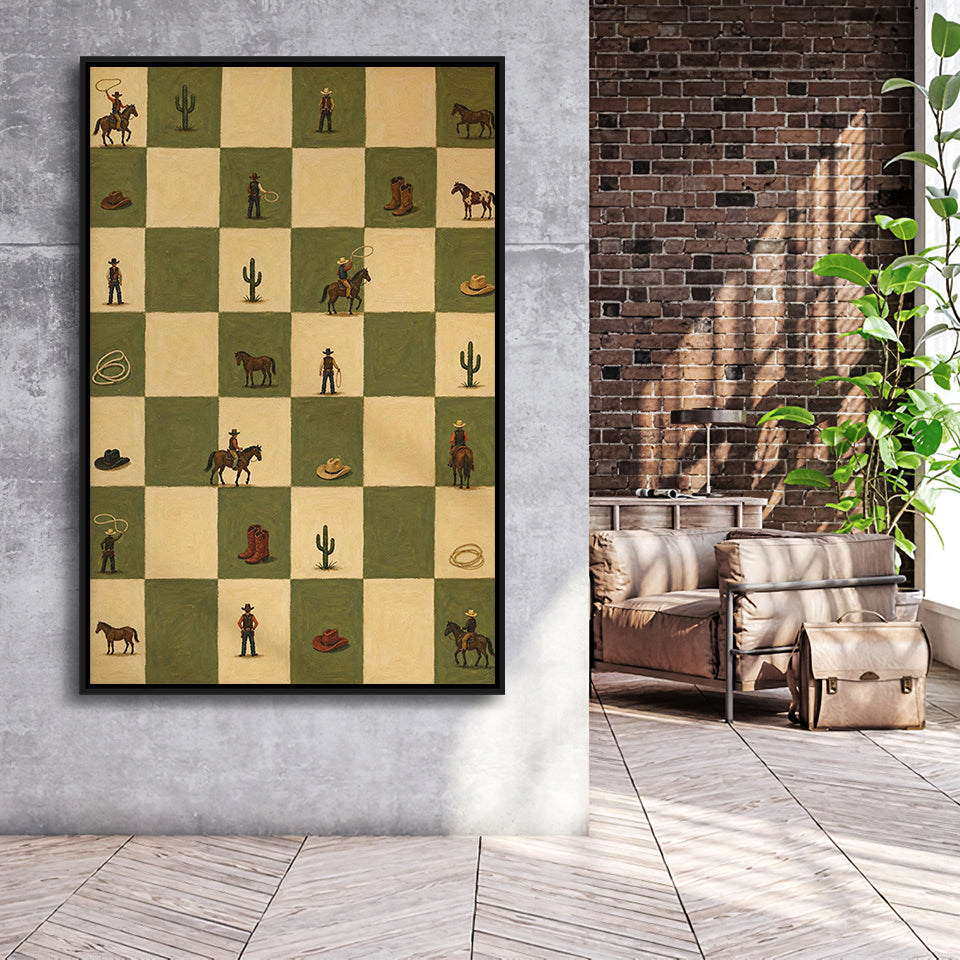 Tiny Cowboys Checkerboard Icon, Green Western Wall Art, Ranch Nursery Print, Framed Canvas Print, Floating Frame