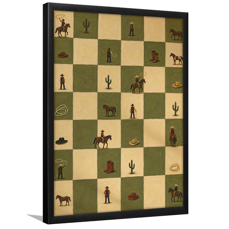Tiny Cowboys Checkerboard Icon, Green Western Wall Art, Ranch Nursery Print, Framed Art Print, Fine Art Wall Decor