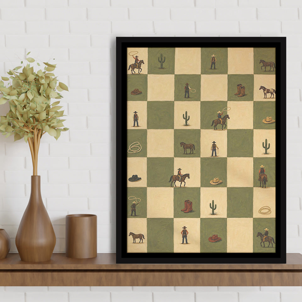 Tiny Cowboys Checkerboard Icon, Green Western Wall Art, Ranch Nursery Print, Framed Canvas Print, Floating Frame