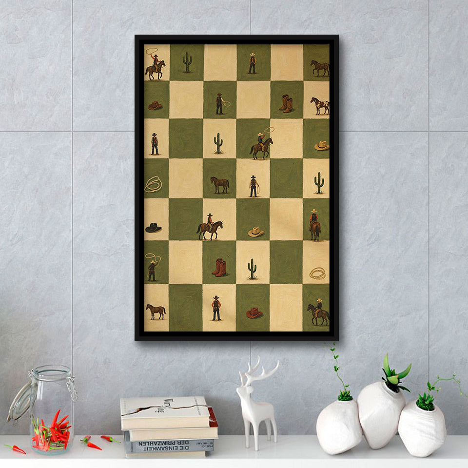 Tiny Cowboys Checkerboard Icon, Green Western Wall Art, Ranch Nursery Print, Framed Canvas Print, Floating Frame
