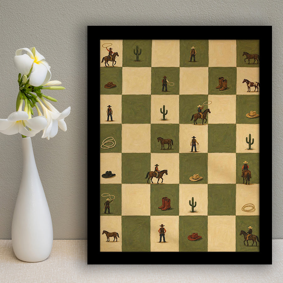 Tiny Cowboys Checkerboard Icon, Green Western Wall Art, Ranch Nursery Print, Framed Art Print, Fine Art Wall Decor