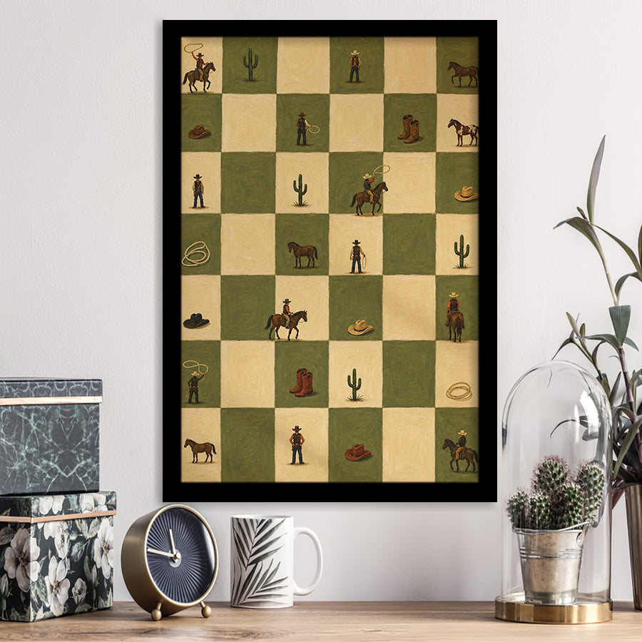 Tiny Cowboys Checkerboard Icon, Green Western Wall Art, Ranch Nursery Print, Framed Art Print, Fine Art Wall Decor