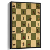 Tiny Cowboys Checkerboard Icon, Green Western Wall Art, Ranch Nursery Print, Framed Canvas Print, Floating Frame