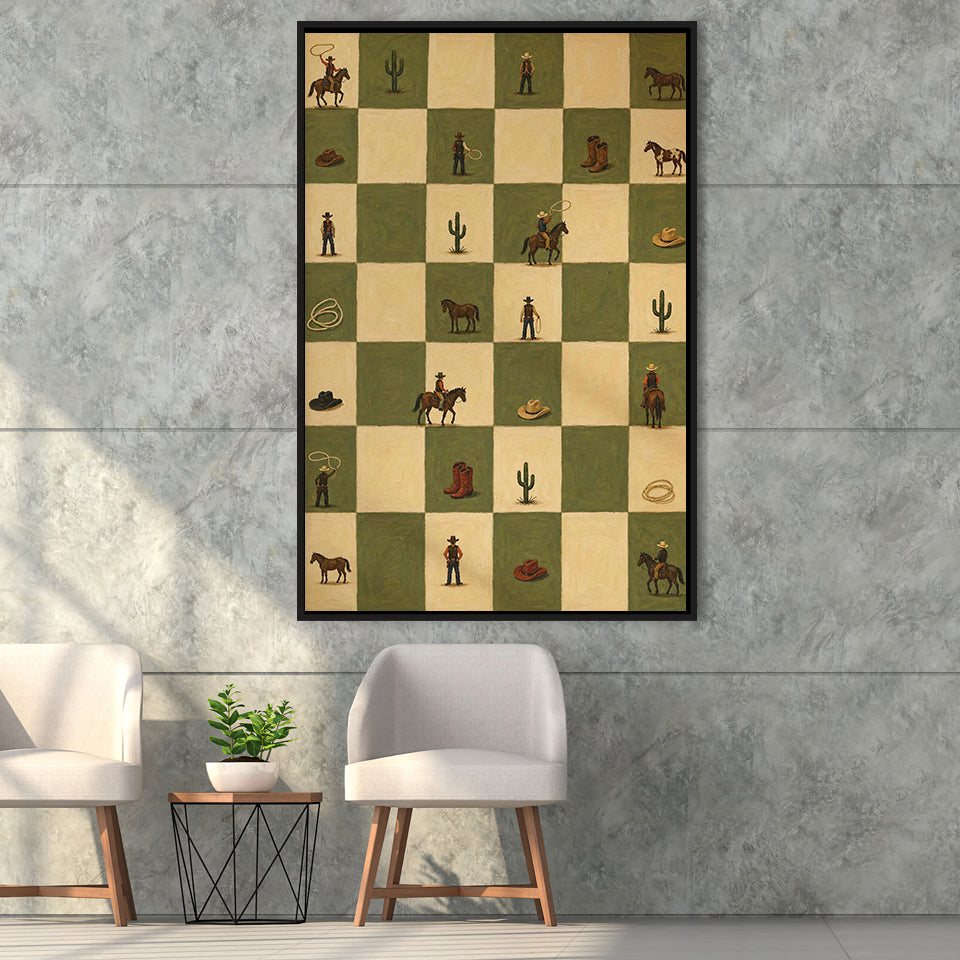 Tiny Cowboys Checkerboard Icon, Green Western Wall Art, Ranch Nursery Print, Framed Canvas Print, Floating Frame