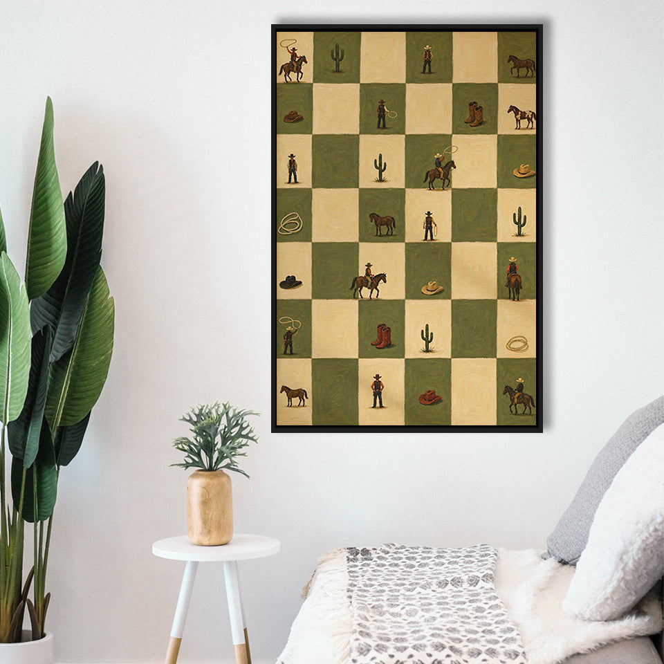 Tiny Cowboys Checkerboard Icon, Green Western Wall Art, Ranch Nursery Print, Framed Canvas Print, Floating Frame