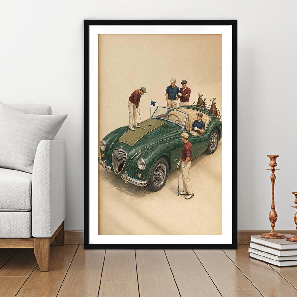 Tiny Golf Framed, Classic Car Golfer Framed Wall Art, Country Club Decor, Golf Lover Gift, Framed Art Print White Border