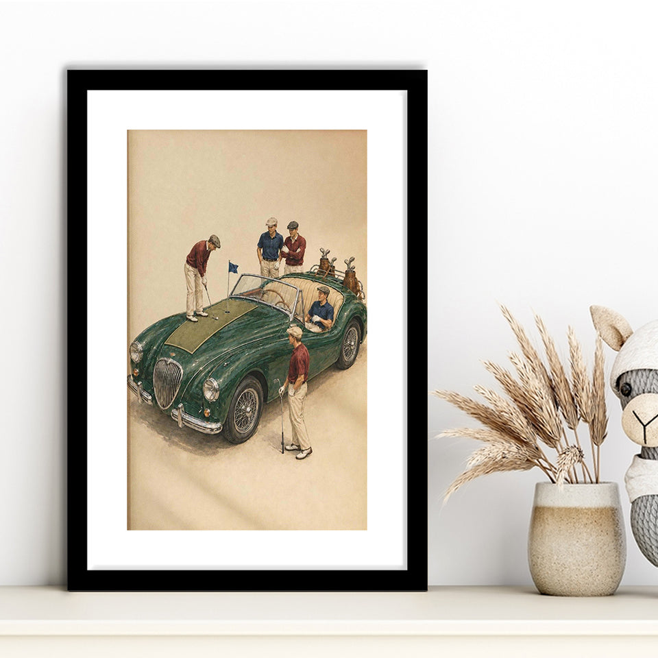 Tiny Golf Framed, Classic Car Golfer Framed Wall Art, Country Club Decor, Golf Lover Gift, Framed Art Print White Border