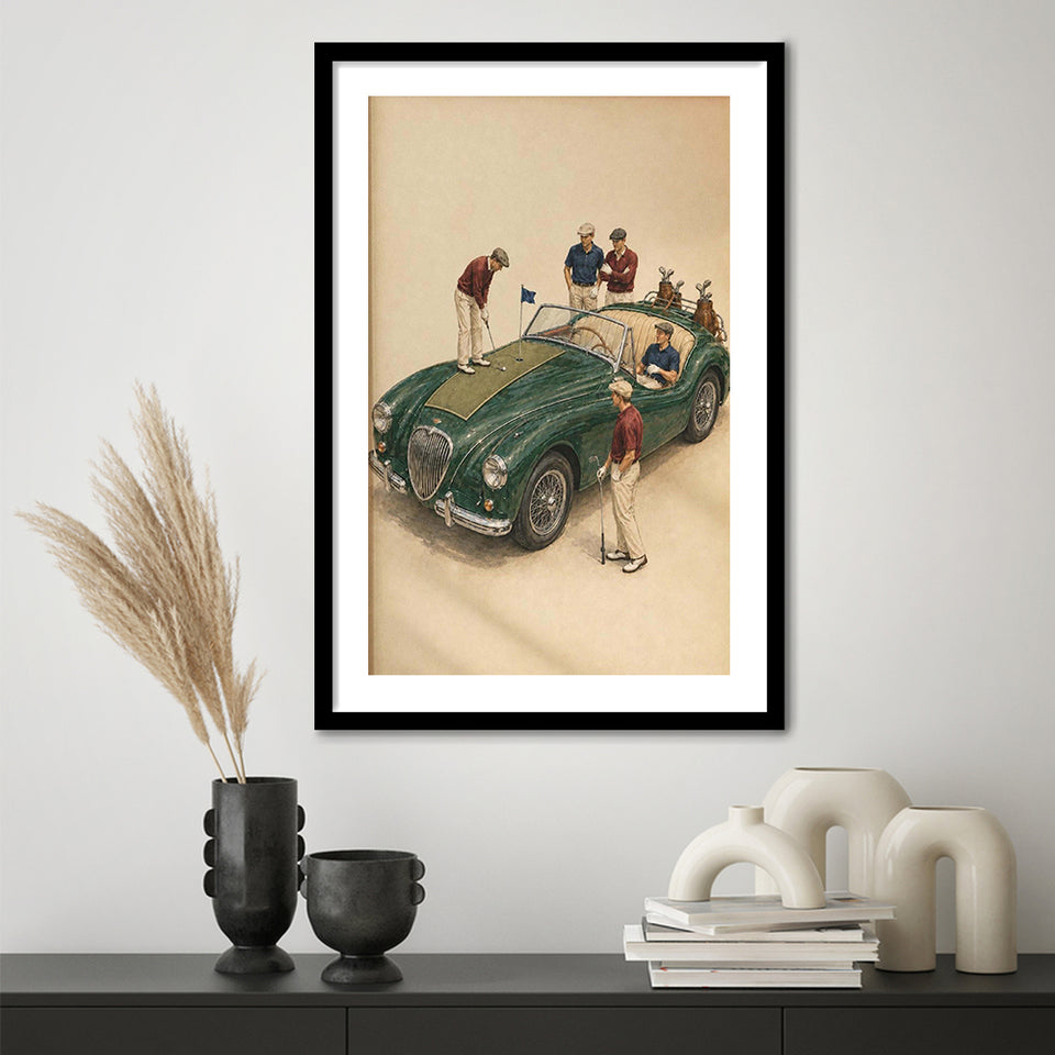 Tiny Golf Framed, Classic Car Golfer Framed Wall Art, Country Club Decor, Golf Lover Gift, Framed Art Print White Border