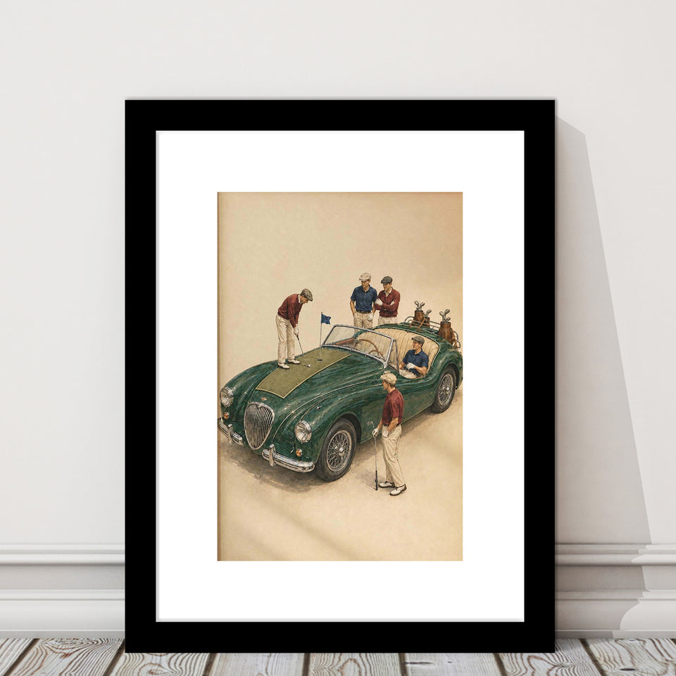 Tiny Golf Framed, Classic Car Golfer Framed Wall Art, Country Club Decor, Golf Lover Gift, Framed Art Print White Border