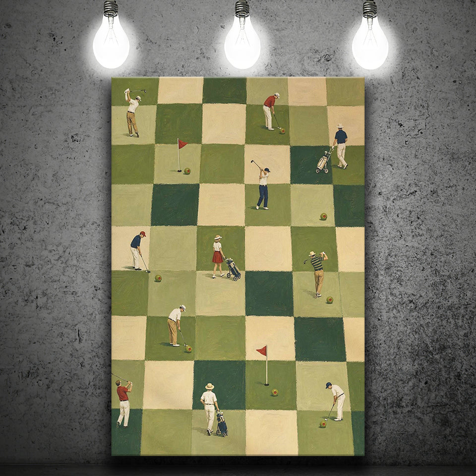 Tiny Golfers Checkerboard Olive, Green Office Wall Art, Funny Golf Print, Canvas Print Wall Art, Wall Decor