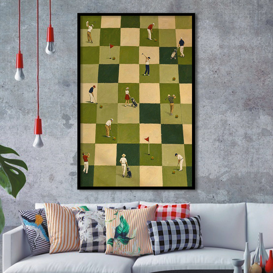 Tiny Golfers Checkerboard Olive, Green Office Wall Art, Funny Golf Print, Framed Art Print, Fine Art Wall Decor